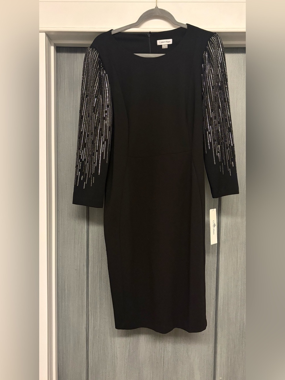 Calvin Klein Black Sheath Dress with Beaded Sleeve Accents